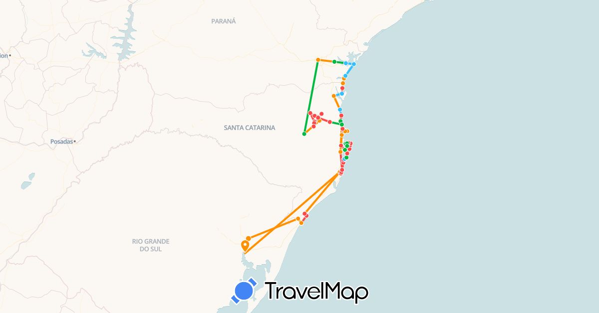 TravelMap itinerary: driving, bus, hiking, boat, hitchhiking in Brazil (South America)